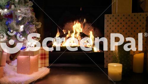 Merry Christmas Beautiful Video With Bright Yellow Glowing Fireplace. Xmas Tree With Light Garland Decorated With Toys, Cozy Winter Atmosphere